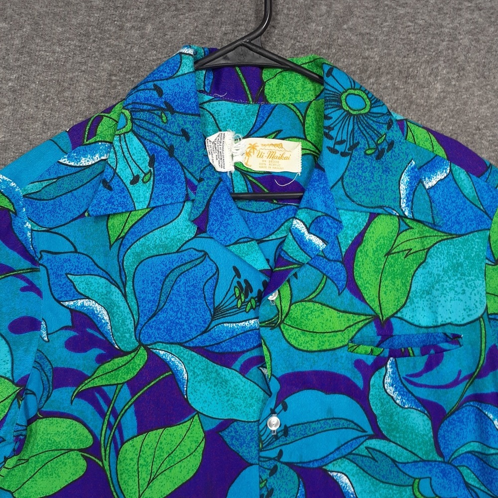 VINTAGE 60'S 70's UI-MAIKAI Hawaiian Button‎ up shirt Mens M blue green Floral - Picture 2 of 14